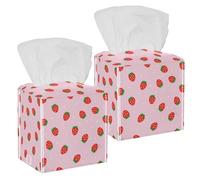 Lot de 2 boîtes à mouchoirs carrées en cuir avec motifs fraises rouges pour coiffeuse, commode, table de nuit, comptoir, bureau, voiture