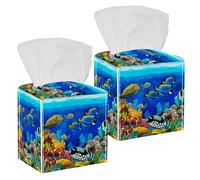 Lot de 2 boîtes à mouchoirs carrées en cuir avec poissons et animaux du monde sous-marin, distributeur de papier pour coiffeuse, réservoir de toilette, commode, table de nuit, comptoir, bureau