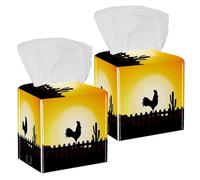 Lot de 2 boîtes à mouchoirs carrées en cuir avec silhouette de coq avec lever du soleil - Distributeur de papier pour vanité, réservoir de toilettes, commode, table de nuit, comptoir, bureau, voiture