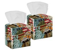 Lot de 2 boîtes à mouchoirs carrées en cuir avec statue de la Liberté de New York - Distributeur de papier pour vanité, réservoir de toilettes, commode, table de nuit, comptoir, bureau, voiture