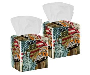 Lot de 2 boîtes à mouchoirs carrées en cuir avec statue de la Liberté de New York - Distributeur de papier pour vanité, réservoir de toilettes, commode, table de nuit, comptoir, bureau, voiture