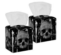 Lot de 2 boîtes à mouchoirs carrées en cuir avec tête de mort d'horreur - Distributeur de papier pour vanité, réservoir de toilettes, commode, table de nuit, comptoir, bureau, voiture