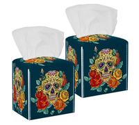 Lot de 2 boîtes à mouchoirs carrées en cuir avec tête de mort et fleurs de Damond Jour des morts Distributeur de papier pour vanité, réservoir de toilettes, commode, table de nuit, comptoir, bureau