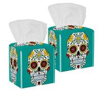 Lot de 2 boîtes à mouchoirs carrées en cuir coloré avec tête de mort - Distributeur de papier facial pour vanité, réservoir de toilettes, commode, table de nuit, comptoir, bureau, voiture