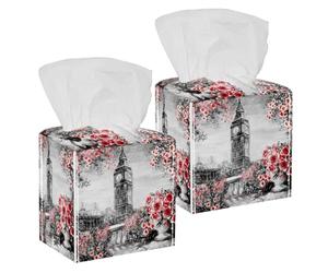 Lot de 2 boîtes à mouchoirs carrées en cuir London Big Ben Rose - Organisateur de papier pour le visage - Distributeur de papier toilette - Commode - Table de chevet - Comptoir, bureau, voiture