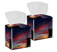 Lot de 2 boîtes à mouchoirs carrées en cuir - Motif moulin à vent hollandais au coucher du soleil - Distributeur de papier facial pour vanité, réservoir de toilettes, commode, table de nuit, comptoir