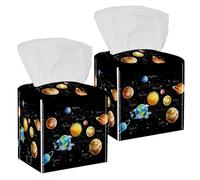 Lot de 2 boîtes à mouchoirs carrées en cuir Motif planète du système solaire Distributeur de papier pour vanité, réservoir de toilettes, commode, table de nuit, comptoir, bureau, voiture