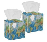 Lot de 2 boîtes à mouchoirs carrées, en cuir uni, motif carte du monde, distributeur de papier pour vanité, réservoir de toilettes, commode, table de nuit, comptoir, bureau, voiture