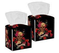 Lot de 2 boîtes à mouchoirs carrées Jour des morts Tête de mort Fleurs Boîte à mouchoirs en cuir Distributeur de papier pour vanité, réservoir de toilette, commode, table de nuit, comptoir, bureau