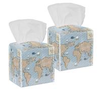 Lot de 2 boîtes à mouchoirs carrées rétro en cuir avec carte du monde - Distributeur de papier facial pour vanité, réservoir de toilettes, commode, table de nuit, comptoir, bureau, voiture
