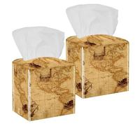 Lot de 2 boîtes à mouchoirs carrées rétro en cuir avec carte du monde et train, distributeur de papier pour coiffeuse, réservoir de toilette, commode, table de nuit, comptoir, bureau, voiture
