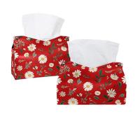 Lot de 2 boîtes à mouchoirs, petites fleurs et feuilles sur fond rouge rectangulaire pour chambre à coucher, salle de bain, bureau, maison