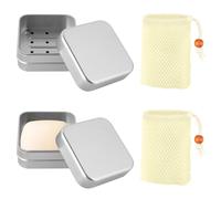 Lot de 2 boîtes à savon de voyage en aluminium (avec 2 sacs à savon jaunes) - Résistant à l'humidité - Avec égouttoir - Porte-savon de voyage pour savon festif - Rangement des médicaments et des
