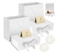 Lot de 2 boîtes cadeaux avec sac cadeau - Blanc - 32,5 x 23 x 10,5 cm - Grand nœud magnétique - Raffia - Carte de vœux - Emballage cadeau pour mariage, anniversaire, fête des mères