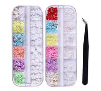 Lot de 2 boîtes de 24 breloques pour ongles en forme de fleurs 3D, motif floral, aurore, arc, papillon, pierres précieuses avec perles dorées et argentées, strass et pincette, décorations de nail art