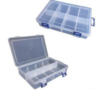Lot de 2 boîtes de rangement en plastique transparent avec 8 grilles et couvercle de verrouillage pour vis, bijoux, perles, matériel, pilules, organiseur compact avec compartiments transparents