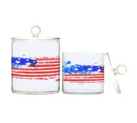 Lot de 2 boîtes de rangement en plastique transparent avec couvercle, motif drapeau américain, petits bacs de rangement décoratifs pour cotons-tiges, cotons-tiges, cure-dents, trombones