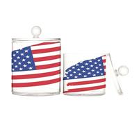 Lot de 2 boîtes de rangement en plastique transparent avec couvercle, motif drapeau américain pour cotons-tiges, cotons-tiges, cure-dents, trombones