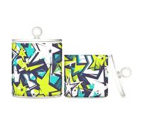 Lot de 2 boîtes de rangement en plastique transparent avec couvercle - Motif graffiti abstrait - Pour cotons-tiges, cotons-tiges, cure-dents, trombones