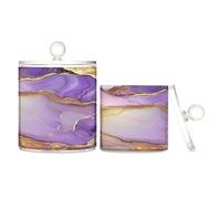 Lot de 2 boîtes de rangement en plastique transparent marbré doré violet avec couvercle pour accessoires de salle de bain pour cotons-tiges, coton