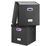 Lot de 2 boîtes de rangement pour disques vinyles - Pour plus de 100 disques vinyles simples, caisses empilables en lin avec couvercle, support de collection de musique pour jouer de la (Noir)