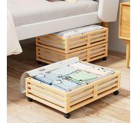 Lot de 2 boîtes de rangement sous le lit en bambou avec roulettes avec sac à poussière de grande capacité, organiseur de rangement à roulettes en bois robuste à rouler sous le lit (nature, 2 paquets