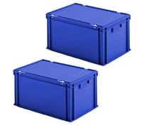 Lot de 2 boîtes Euro avec couvercle à charnière - 600 x 400 x 330 mm - En polypropylène - Qualité alimentaire - Bleu