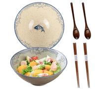 Lot de 2 bols à ramen en céramique avec baguettes et cuillère - 1000 ml - Grand bol à ramen japonais - Passe au micro-ondes et au lave-vaisselle - Pour pâtes, salade, udon pho et soupe