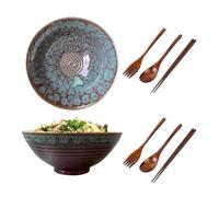 Lot de 2 bols à soupe avec baguettes, fourchette et cuillères, ensemble de bols à ramen de 1200ml, saladier en céramique pour nouilles Udon asiatiques, grand bol de 20cm (queue de paon)