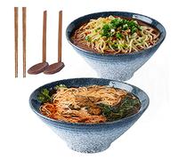Lot de 2 bols à soupe japonais en céramique de 22,9 cm, lot de 6 pièces, bol multifonction de 1600 ml avec cuillère et baguettes assorties, pour nouilles instantanées, soupe, nouilles, Pho (bleu)