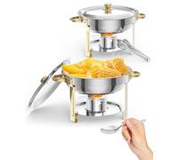 Lot de 2 bols chauffants ronds de 5 l avec support de couvercle, plaques de maintien au chaud en acier inoxydable et chauffe-plats avec cuillère et pince pour fêtes, mariages, événements, banquets