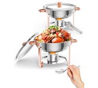 Lot de 2 bols chauffants ronds de 5 l avec support de couvercle, plaques de maintien au chaud en acier inoxydable et chauffe-plats avec cuillère et pince pour fêtes, mariages, événements, banquets, or