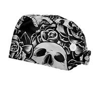 Lot de 2 bonnets à récurer avec boutons - Pour soins infirmiers et cliniques - Noir et blanc - Motif tête de mort rose