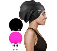 Lot de 2 Bonnets de Bain Extra Larges en Silicone pour Tresses et Dreadlocks, Bonnets de Bain imperméables pour Cheveux Longs, tissages, Extensions, Boucles et Afro, pour Adulte (Noir + Rose Rouge)