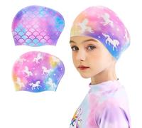 Lot de 2 bonnets de bain pour enfants en silicone étanche pour garçons et filles (3-8 ans) avec design de sirène et licorne, bonnet de bain pour enfants de 3 à 8 ans pour cheveux longs et courts