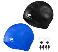 Lot de 2 bonnets de bain unisexes avec protège-oreilles 3D, adulte, pour cheveux courts/longs avec bouchons d'oreille et clip de nez (noir et bleu)