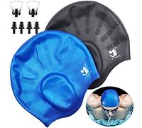 Lot de 2 bonnets de bain unisexes en silicone - Pour cheveux courts et longs - Avec bouchons d'oreilles et pince-nez - Antidérapants - Pour femmes, hommes, adultes et enfants - Noir et bleu