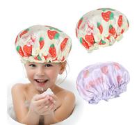 Lot de 2 bonnets de douche pour enfants, double couche imperméable avec motif lapin fraise, réutilisable, doux pour enfants, pour le nettoyage, le sommeil et le dessin