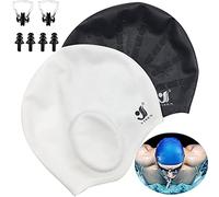 Lot de 2 bonnets de natation unisexes - En silicone - Pour cheveux courts et longs - Avec bouchons d'oreilles et pince de nez - Pour femmes, hommes, adultes et enfants - Noir et blanc
