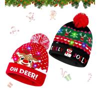 Lot de 2 bonnets de Noël à LED pour adulte - Bonnet de Père Noël pour adulte - Bonnet en tricot extensible - Renne - Imprimé chute de neige - Bonnet de Noël lumineux pour fête de Noël