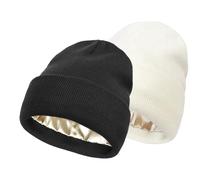 Lot de 2 bonnets d'hiver doublés de satin pour femme unisexe en tricot à revers avec doublure soyeuse, noir/blanc, Taille unique
