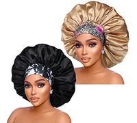 Lot de 2 bonnets en satin de soie extra larges avec bande florale confortable pour femme Noir et champagne 43,2 cm