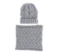 Lot de 2 bonnets et écharpes chauds d'hiver pour femme - Couleur unie - Bonnet à revers en tricot torsadé, gris, taille unique