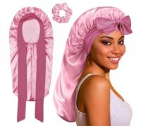 Lot de 2 bonnets longs en satin rose pour dormir - Bonnet de sommeil noir à large bord avec élastique - Pour cheveux longs bouclés - Lisse et respirant