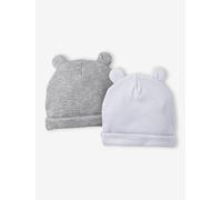 VERTBAUDET Lot de 2 Bonnets Naissance à Oreilles d'ours Bleu pâle + Gris chiné 0/1M(50/54)