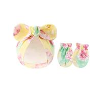 Lot de 2 bonnets pour nouveau-nés avec moufles en coton doux et respirant, gants anti-rayures, pour bébé de 0 à 6 mois, turban unisexe pour nouveau-nés, Motif à fleurs - Jaune, Taille unique