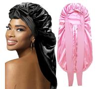 Lot De 2 Bonnets Tressés pour Femmes Noires, Grand Bonnet Long en Satin pour Tresses De Sommeil, Bonnet en Soie pour Femmes Noires avec Bandeau Extensible (Noir Et Rose)