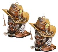 Lot de 2 bottes de cowboy décoratives à suspendre pour sapin de Noël, bottes de cowboy et chapeau de rétroviseur de voiture, décoration de Noël personnalisée bottes de cowboy et chapeaux plats en