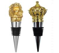 Lot de 2 bouchons à vin en forme de lion doré et couronne - Avec pochette en velours