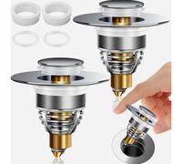 Lot de 2 bouchons de bonde de lavabo escamotables en acier inoxydable avec 2 joints, couleur argent, pour tous types de bondes de lavabo